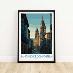Santiago de Compostela Spain Cathedral Street View Art Print | Pilgrim City Poster framed art in modern interior setting.