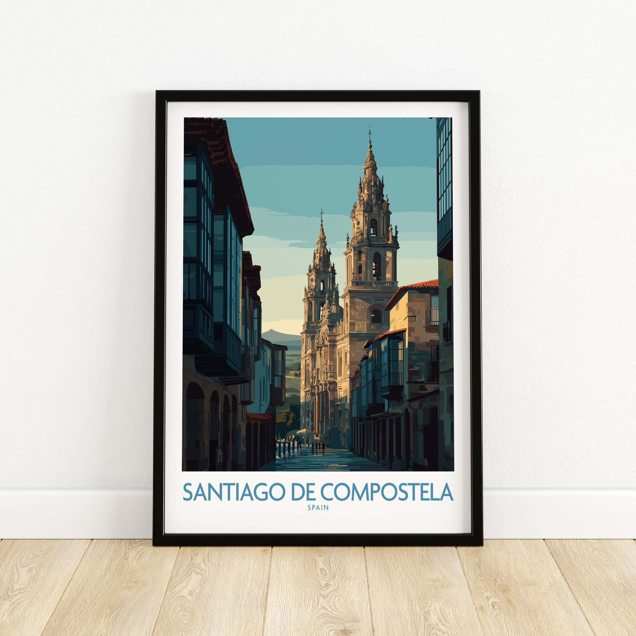 Santiago de Compostela Spain Cathedral Street View Art Print | Pilgrim City Poster framed art in modern interior setting.