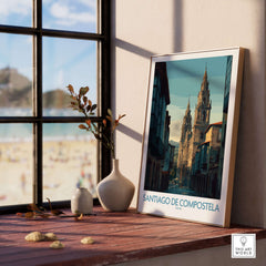 Santiago de Compostela Spain Cathedral Street View Art Print | Pilgrim City Poster displayed on a wooden table near a window.