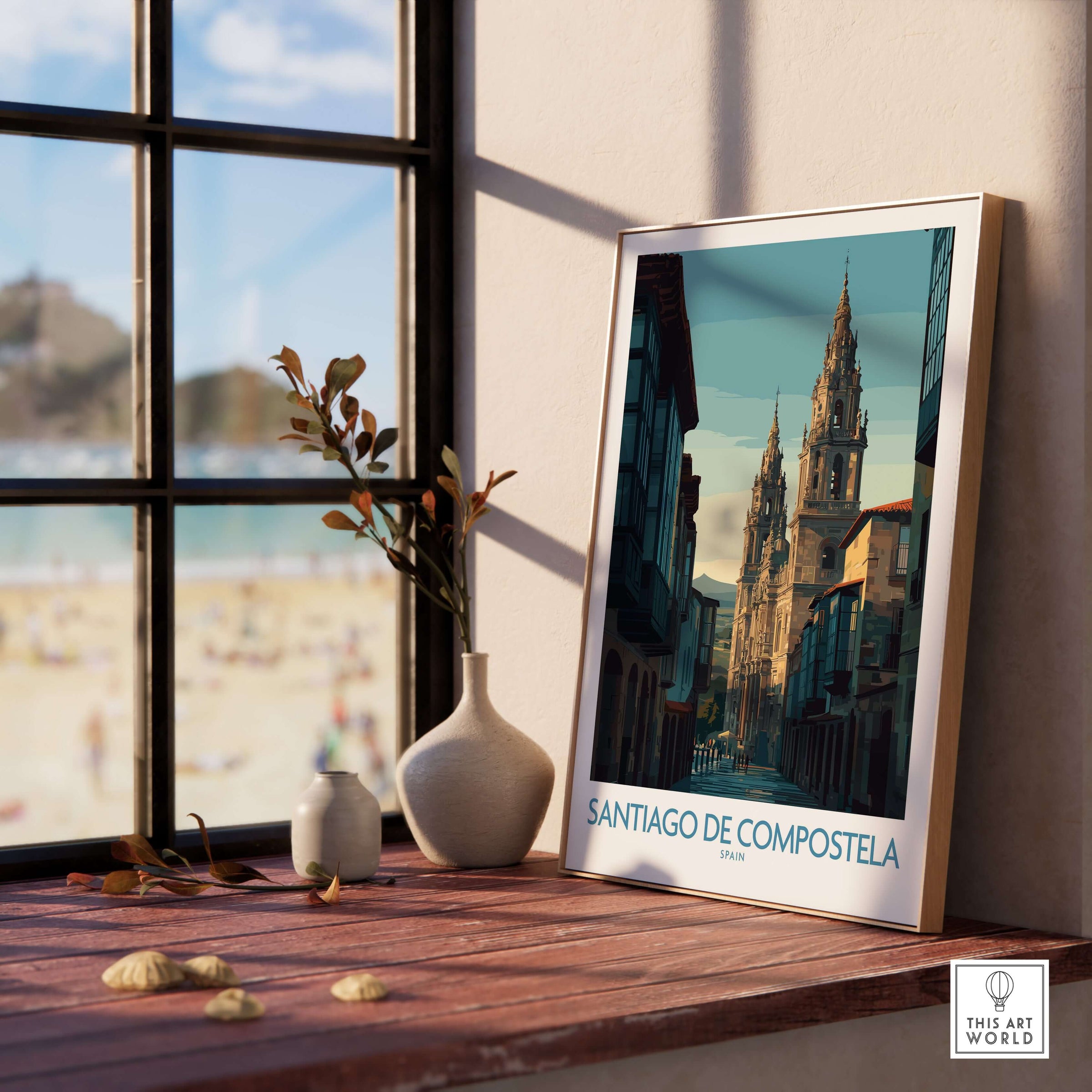 Santiago de Compostela Spain Cathedral Street View Art Print | Pilgrim City Poster displayed on a wooden table near a window.