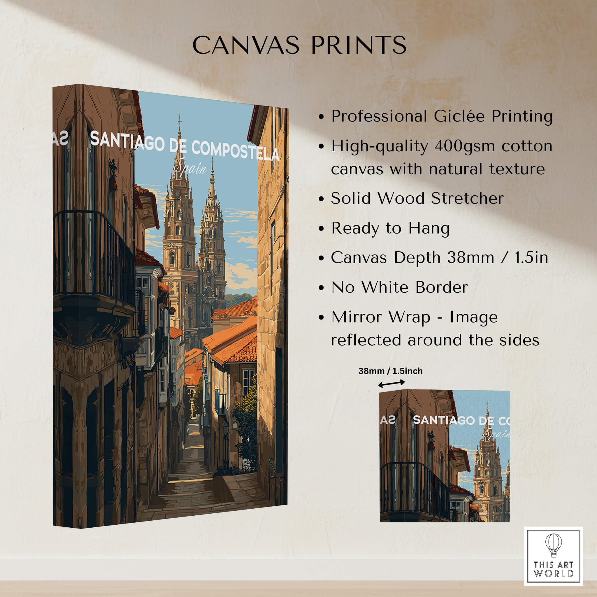 Santiago de Compostela Spain Cobblestone Street View Print | Galician Home Decor, featuring historic architecture and charming streets.