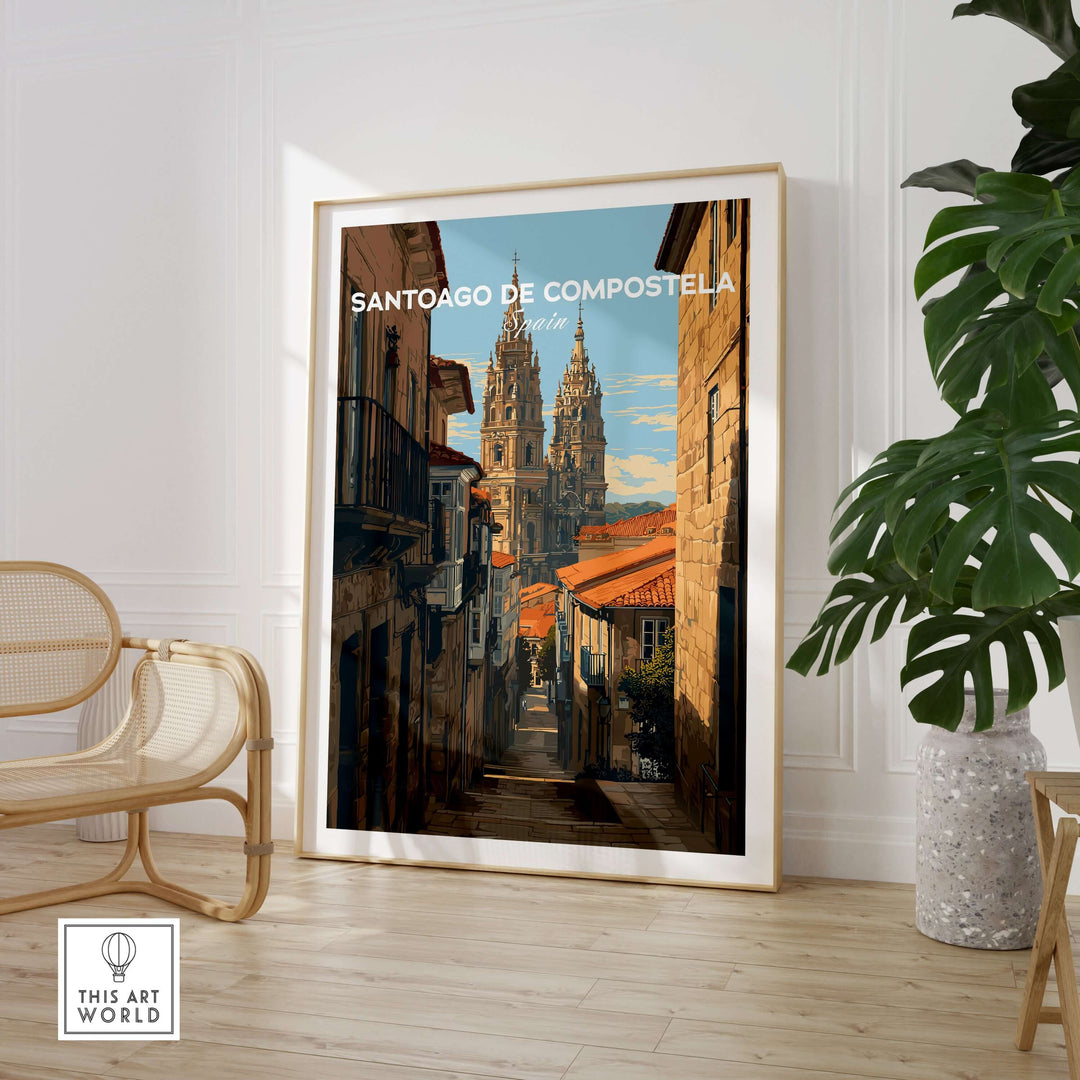 Santiago de Compostela Spain Cobblestone Street View Print | Galician Home Decor displayed in a modern interior setting.