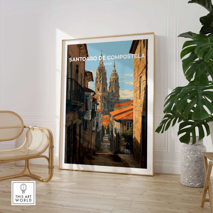 Santiago de Compostela Spain Cobblestone Street View Print | Galician Home Decor displayed in a modern interior setting.