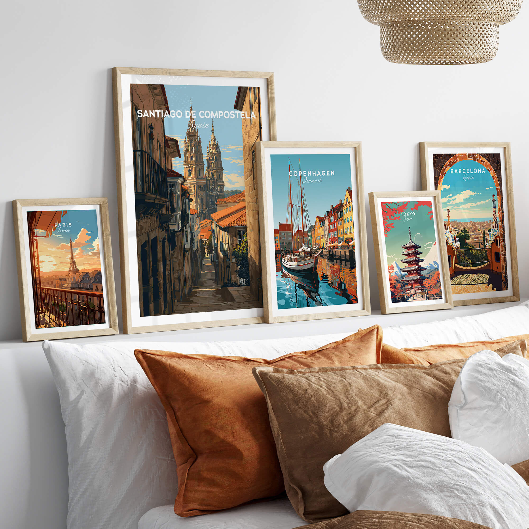 Santiago de Compostela Spain Cobblestone Street View Print | Galician Home Decor displayed in a stylish living room setting.