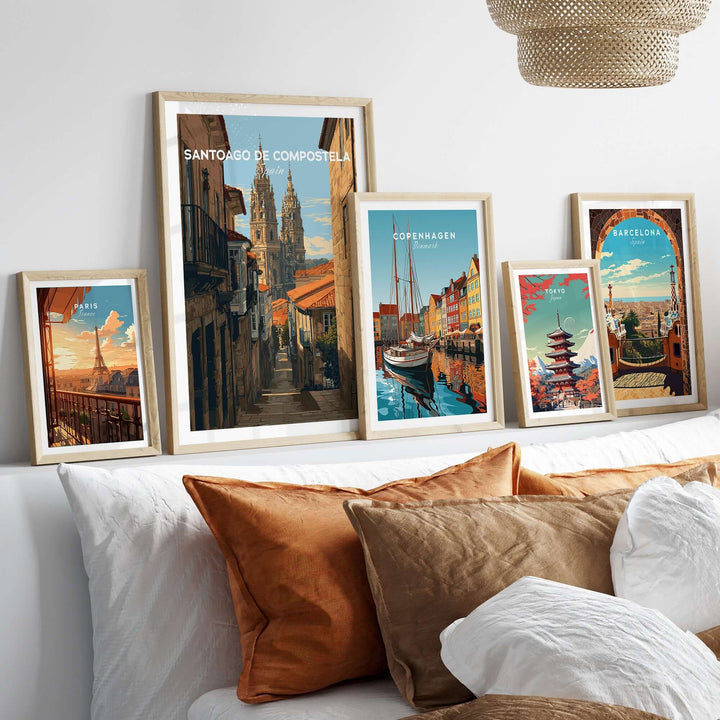 Santiago de Compostela Spain Cobblestone Street View Print | Galician Home Decor framed on a stylish wall display.