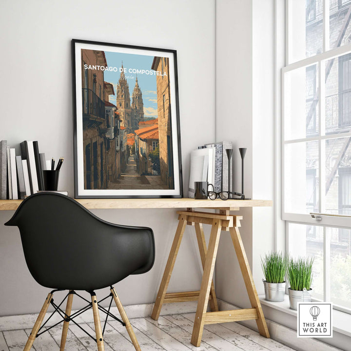Santiago de Compostela Spain Cobblestone Street View Print | Galician Home Decor showcased in modern office setting.