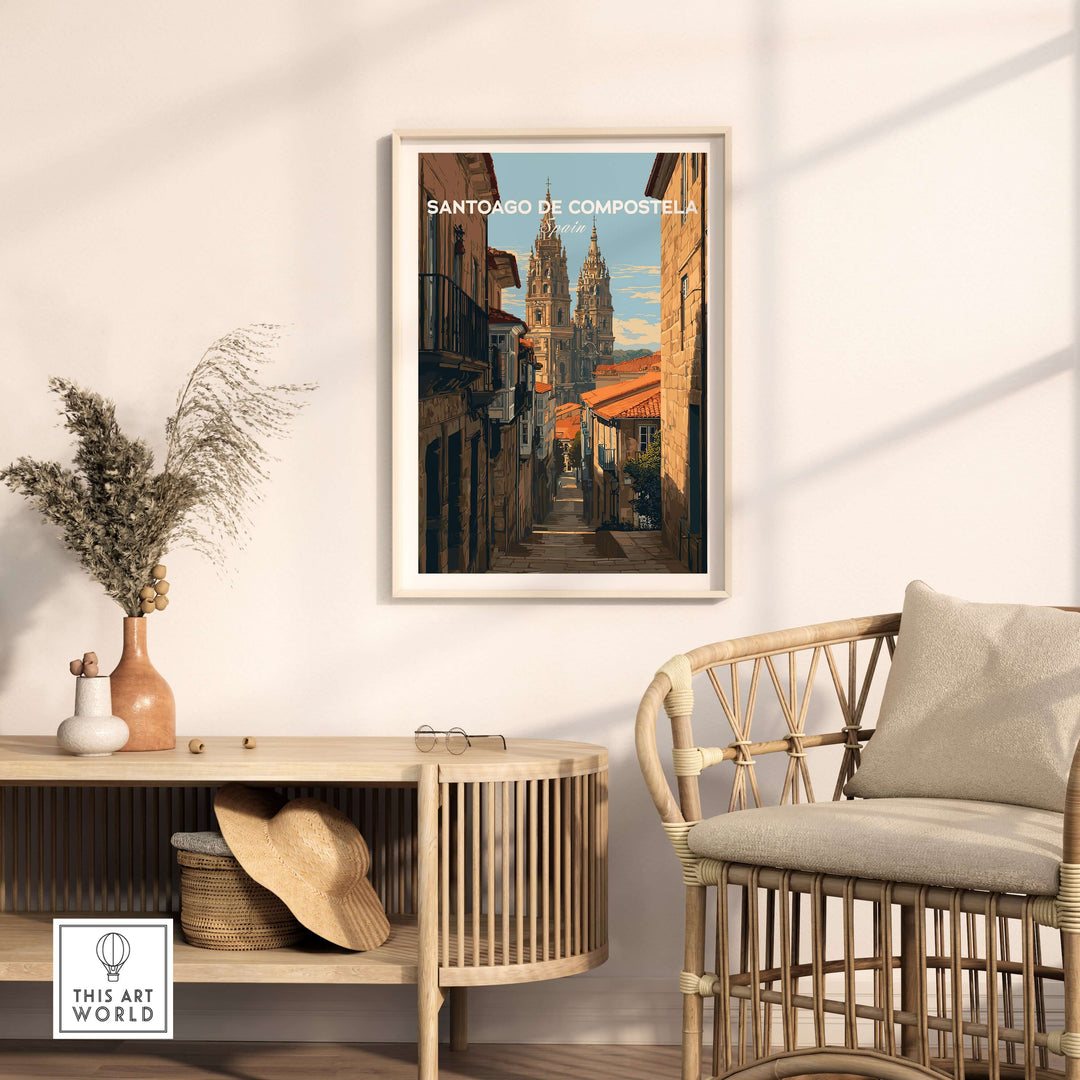 Santiago de Compostela Spain Cobblestone Street View Print | Galician Home Decor in a stylish interior setting.