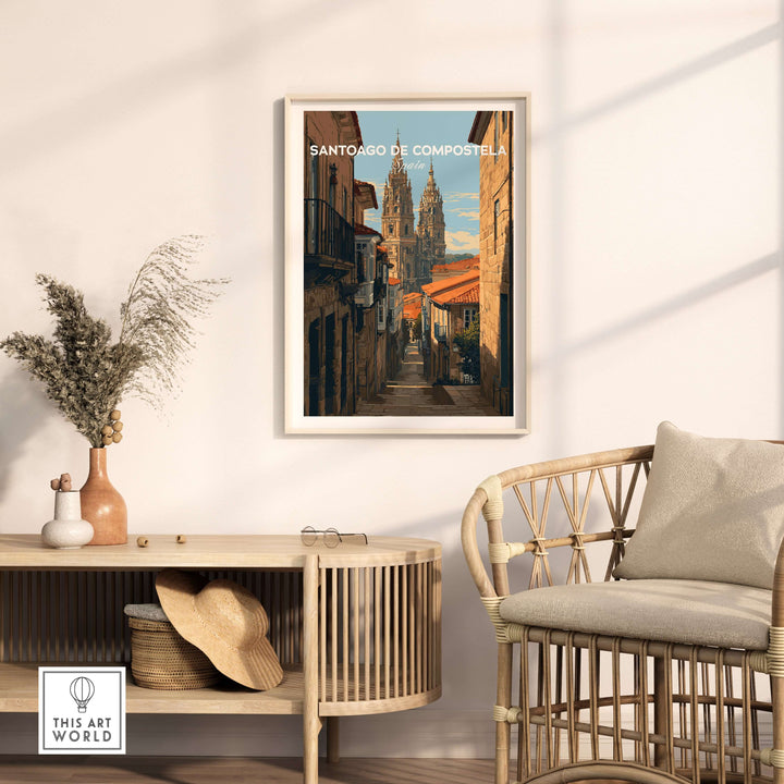 Santiago de Compostela Spain Cobblestone Street View Print | Galician Home Decor in a stylish interior setting.
