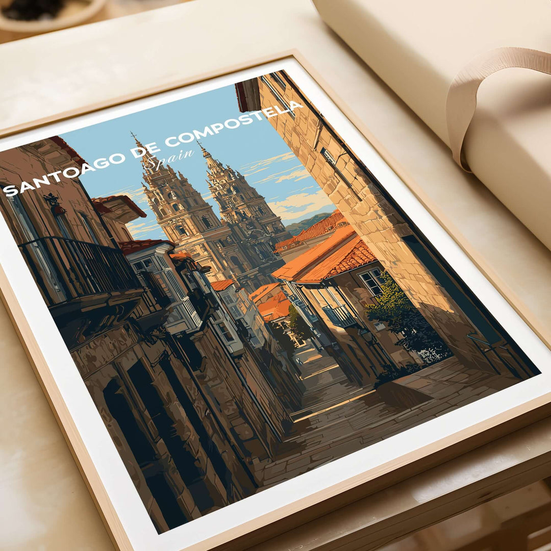 Santiago de Compostela Spain Cobblestone Street View Print | Galician Home Decor framed art showcasing historic streets.