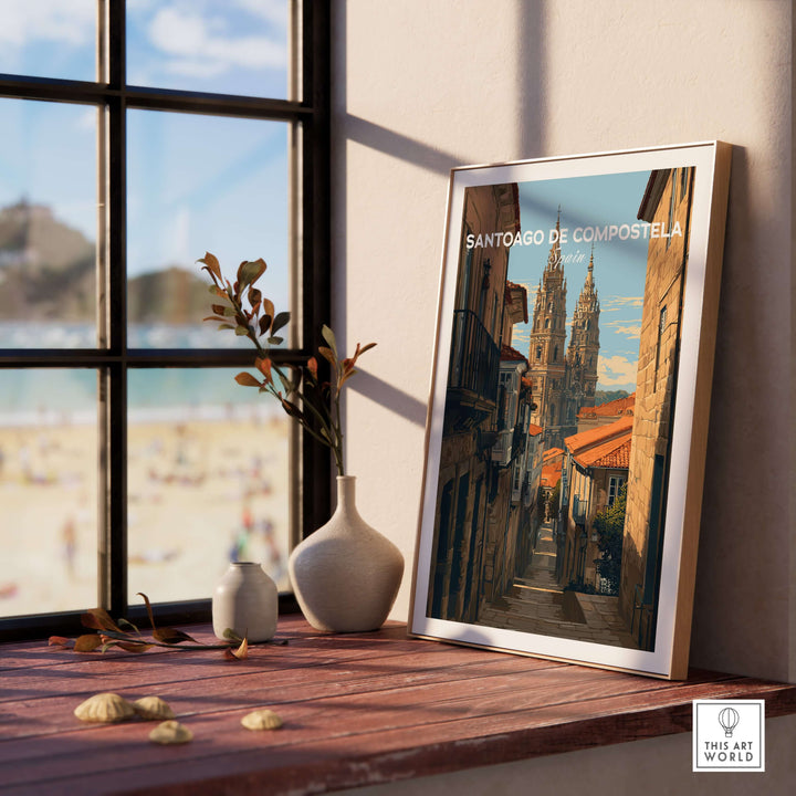 Santiago de Compostela Spain Cobblestone Street View Print | Galician Home Decor displayed in a cozy interior setting.