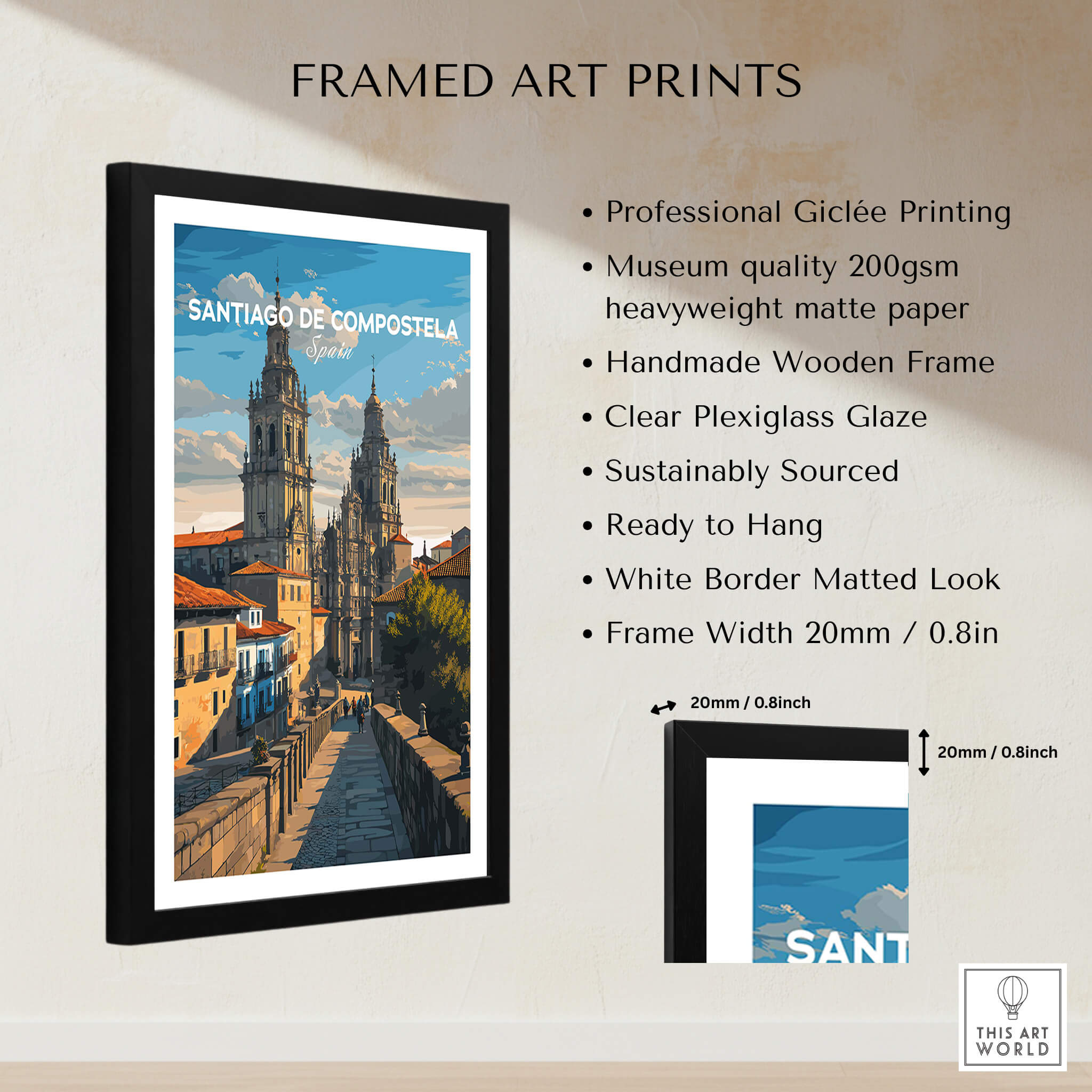 Santiago de Compostela Obradoiro Square View Print | Spanish Religious Art in a stylish framed design.
