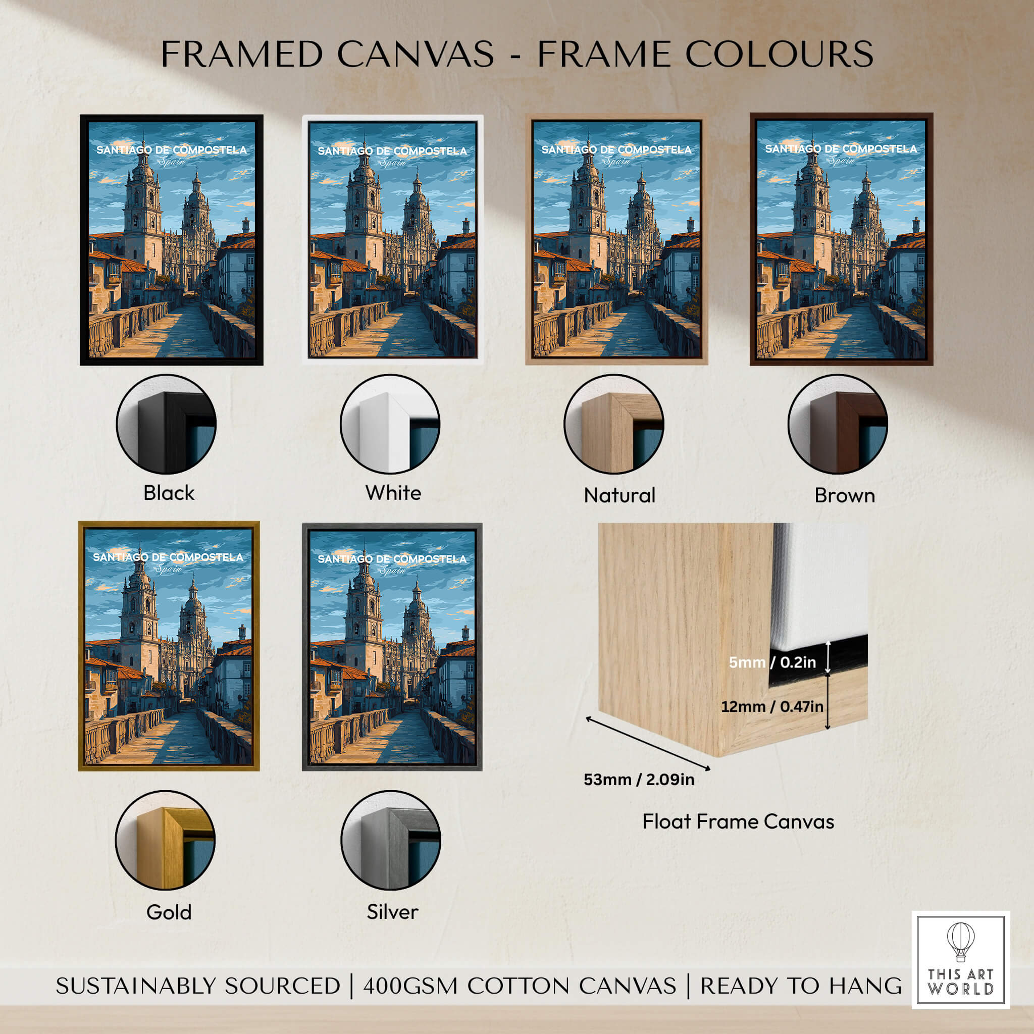 Santiago de Compostela Spain Print | Camino Wall Decor framed canvas options in various colors.
