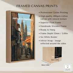 Santiago de Compostela Spain Cobblestone Street View Print | Galician Home Decor framed canvas print with professional Giclée printing.