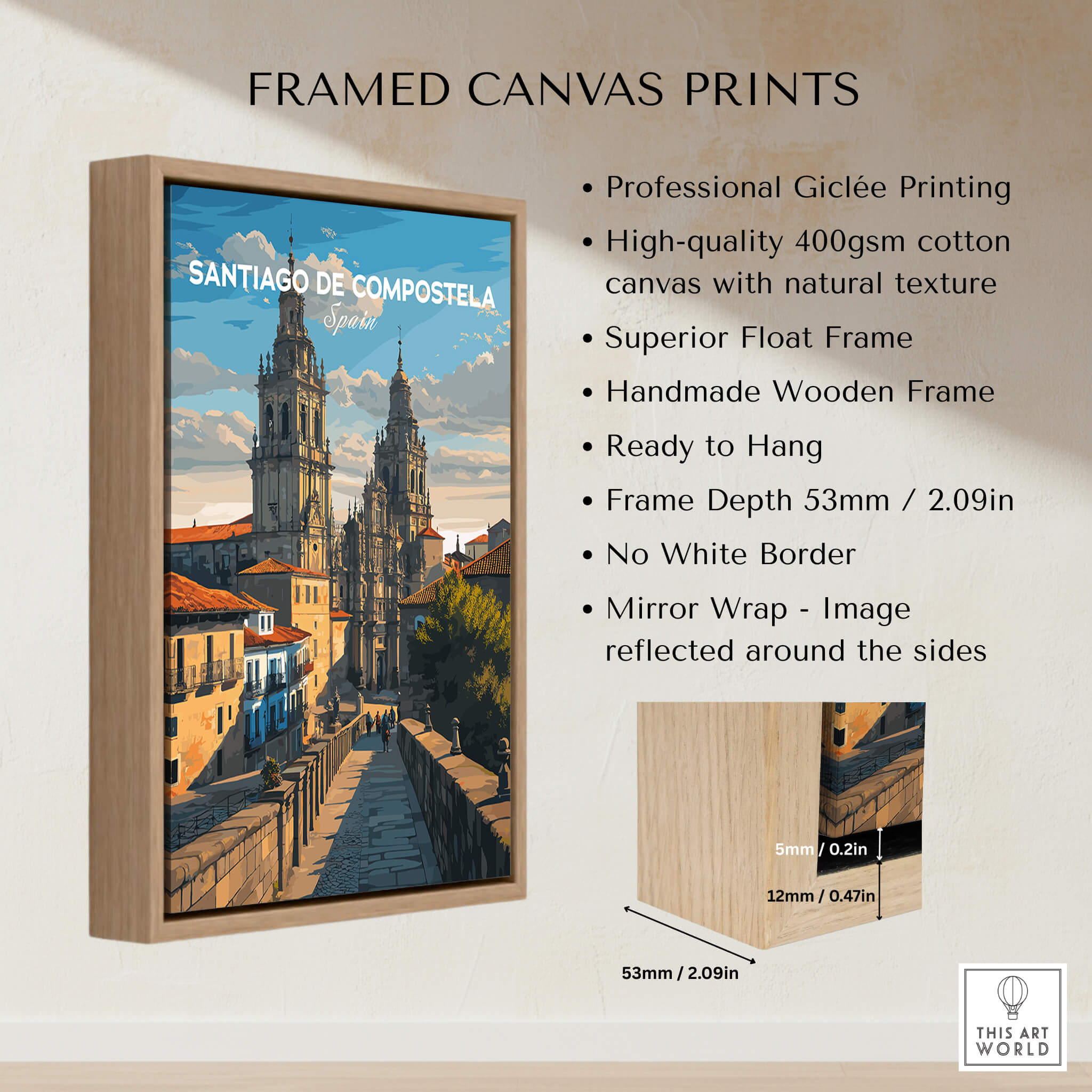 Santiago de Compostela Obradoiro Square View Print | Spanish Religious Art framed canvas print features professional Giclée printing.