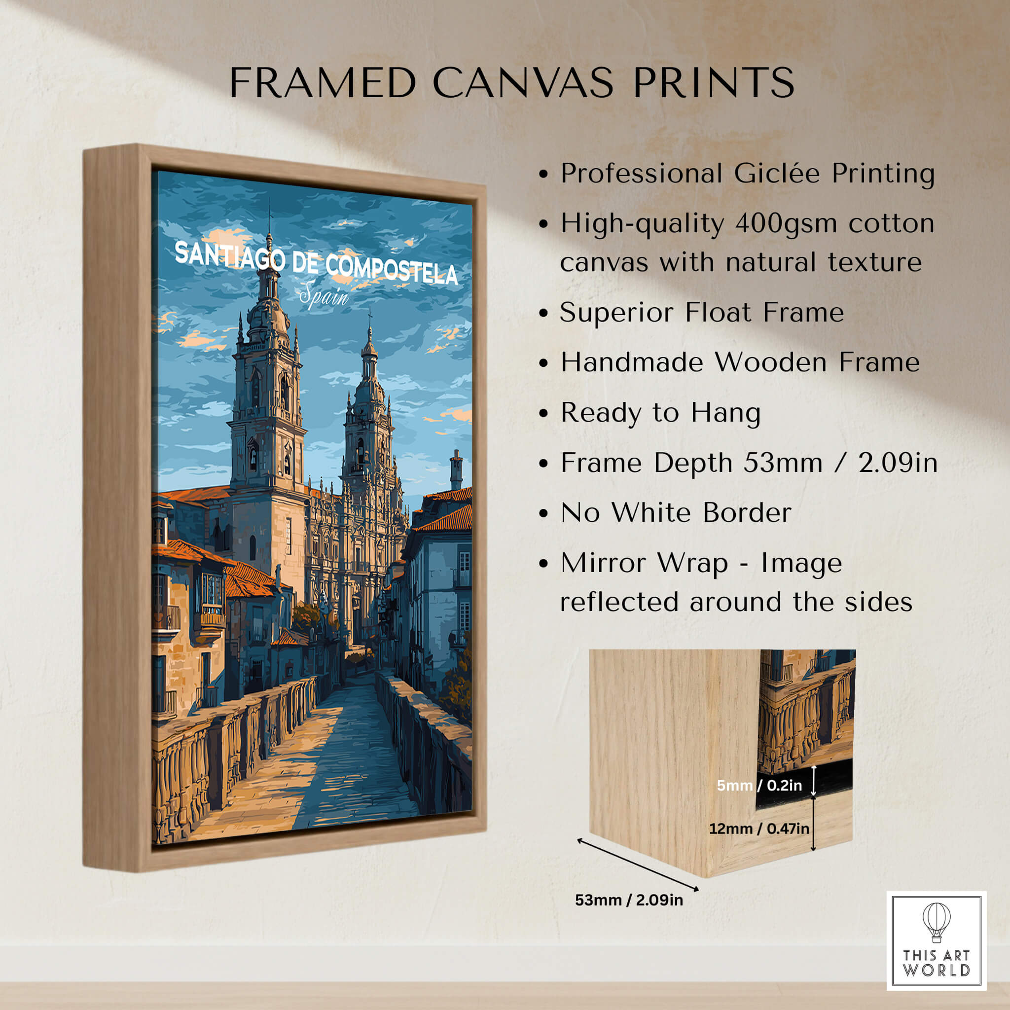 Santiago de Compostela Spain Print | Camino Wall Decor featuring high-quality Giclée printing on a framed canvas.