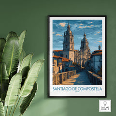 Santiago de Compostela Art Print | Galician Travel Poster featuring iconic landmarks and vibrant cityscapes of Galicia.