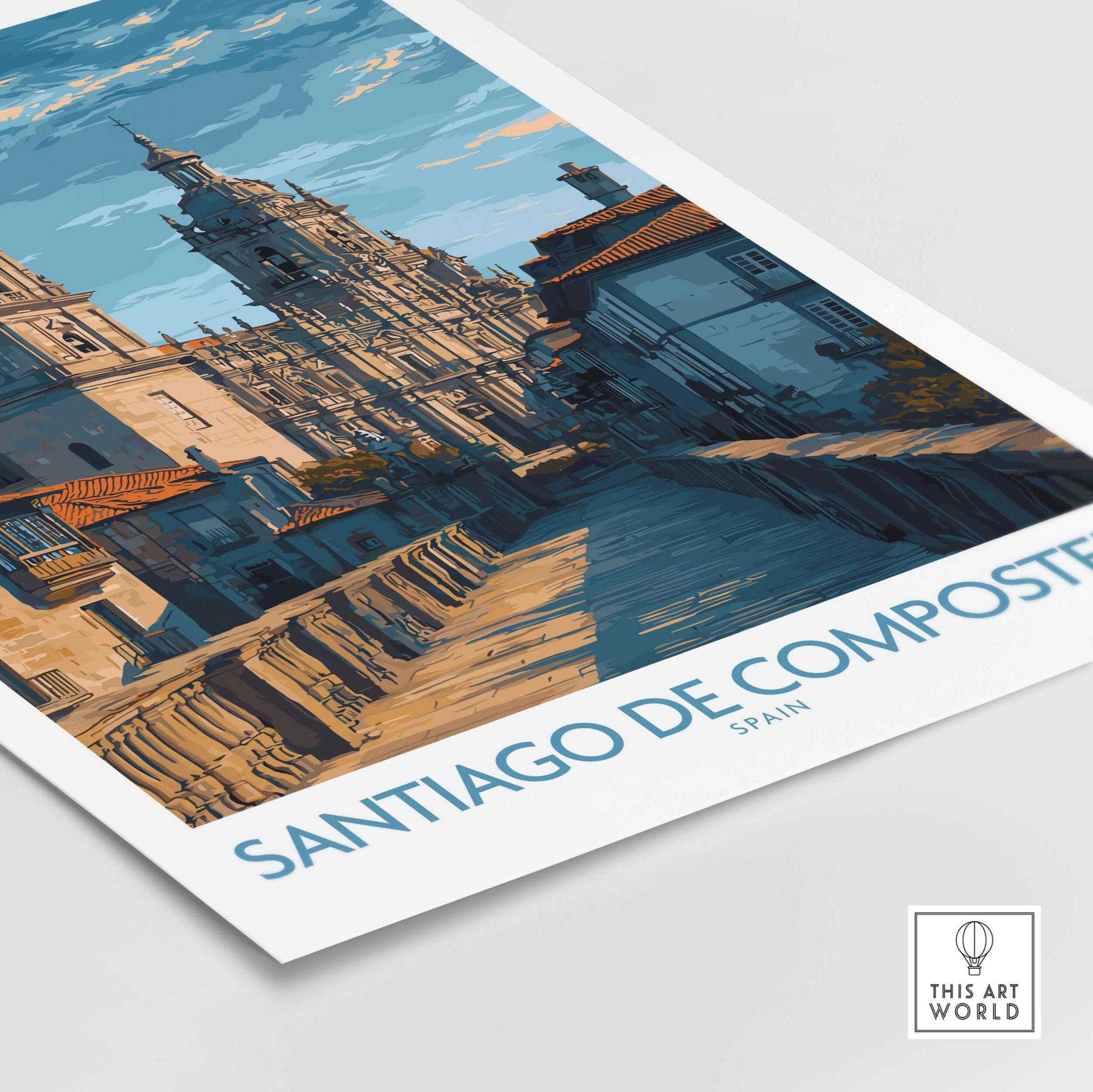 Santiago de Compostela Art Print | Galician Travel Poster featuring iconic landmarks and vibrant cityscapes.