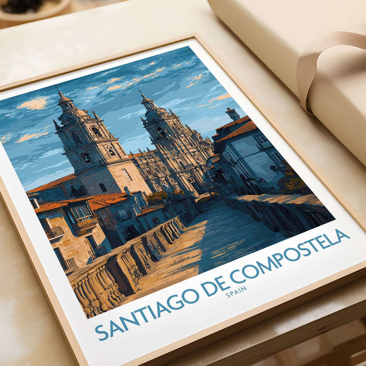 Santiago de Compostela Art Print | Galician Travel Poster showcasing iconic landmarks and vibrant colors.