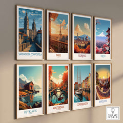 Santiago de Compostela Art Print | Galician Travel Poster displayed among other city travel posters on a wall.