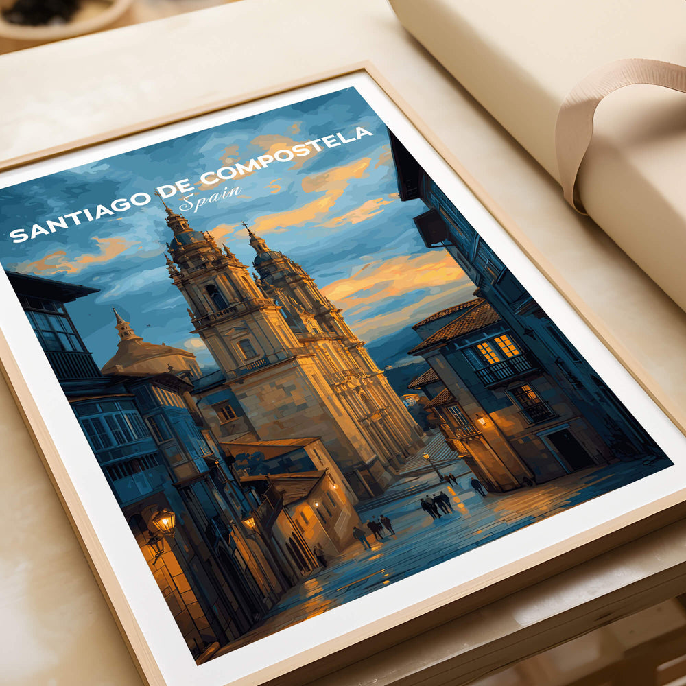 Santiago de Compostela Print | Galician Home Decor featuring a scenic view of Santiago at dusk.
