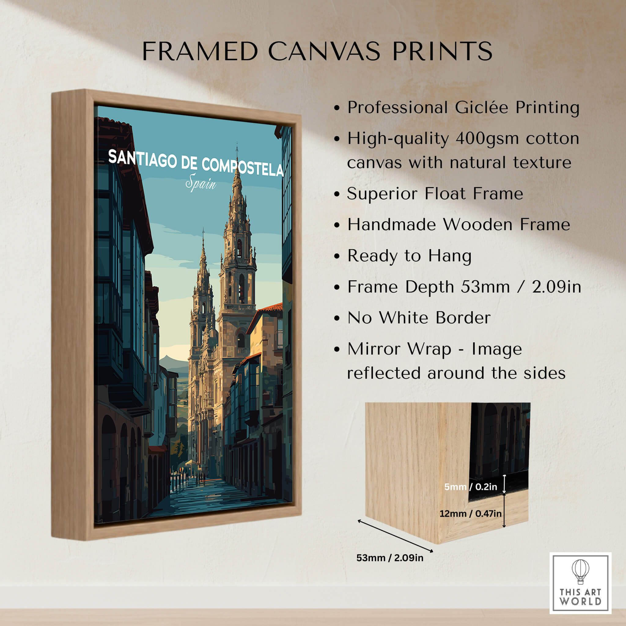 Santiago de Compostela Galician Old Town Architecture Print | Camino Wall Decor framed canvas print with wooden frame.
