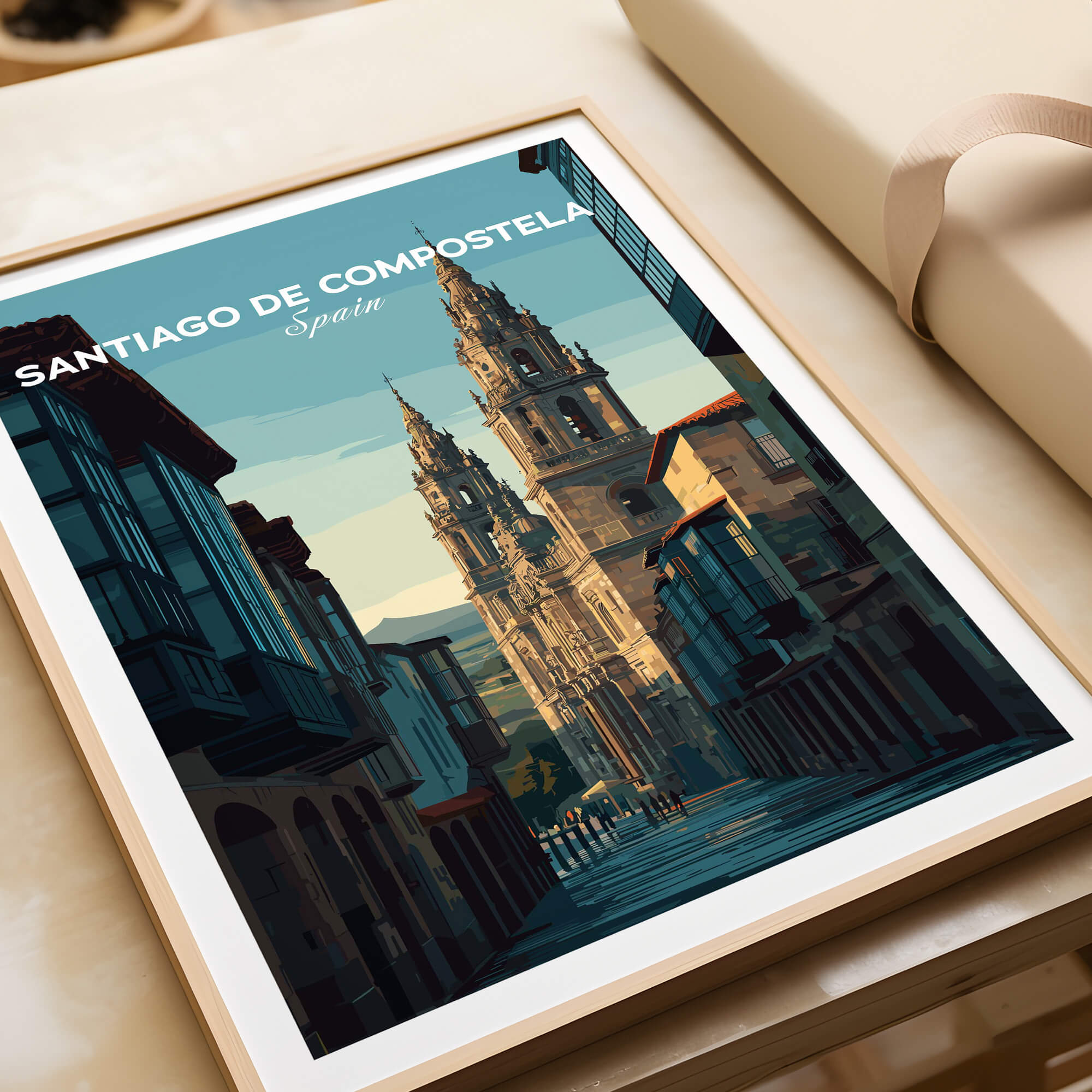 Santiago de Compostela Galician Old Town Architecture Print | Camino Wall Decor showcasing detailed city scene in Spain.