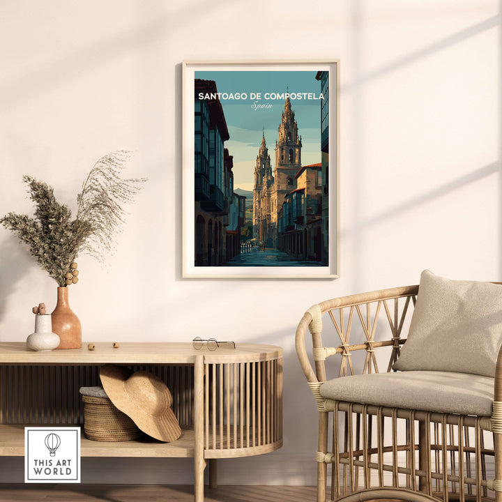 Santiago de Compostela Galician Old Town Architecture Print | Camino Wall Decor framed in modern interior setting.