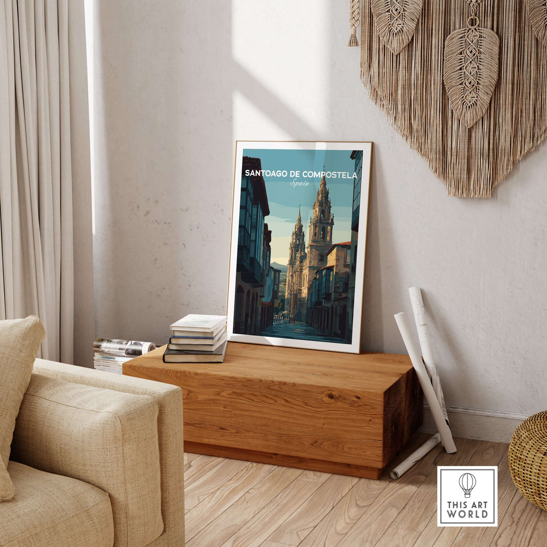 Santiago de Compostela Galician Old Town Architecture Print | Camino Wall Decor in a modern living room setting.