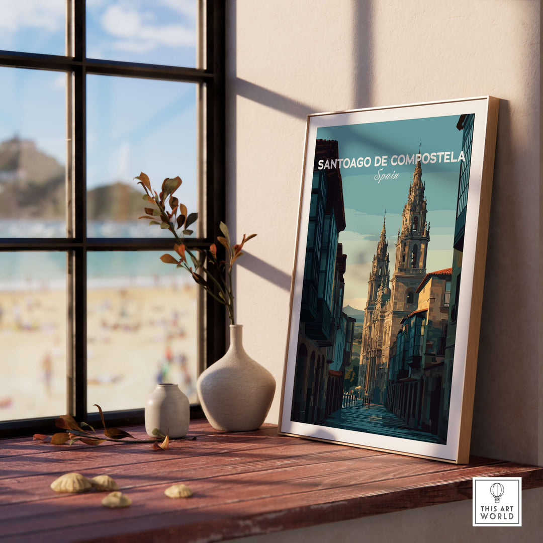 Santiago de Compostela Galician Old Town Architecture Print | Camino Wall Decor displayed in a sunny room with plants.