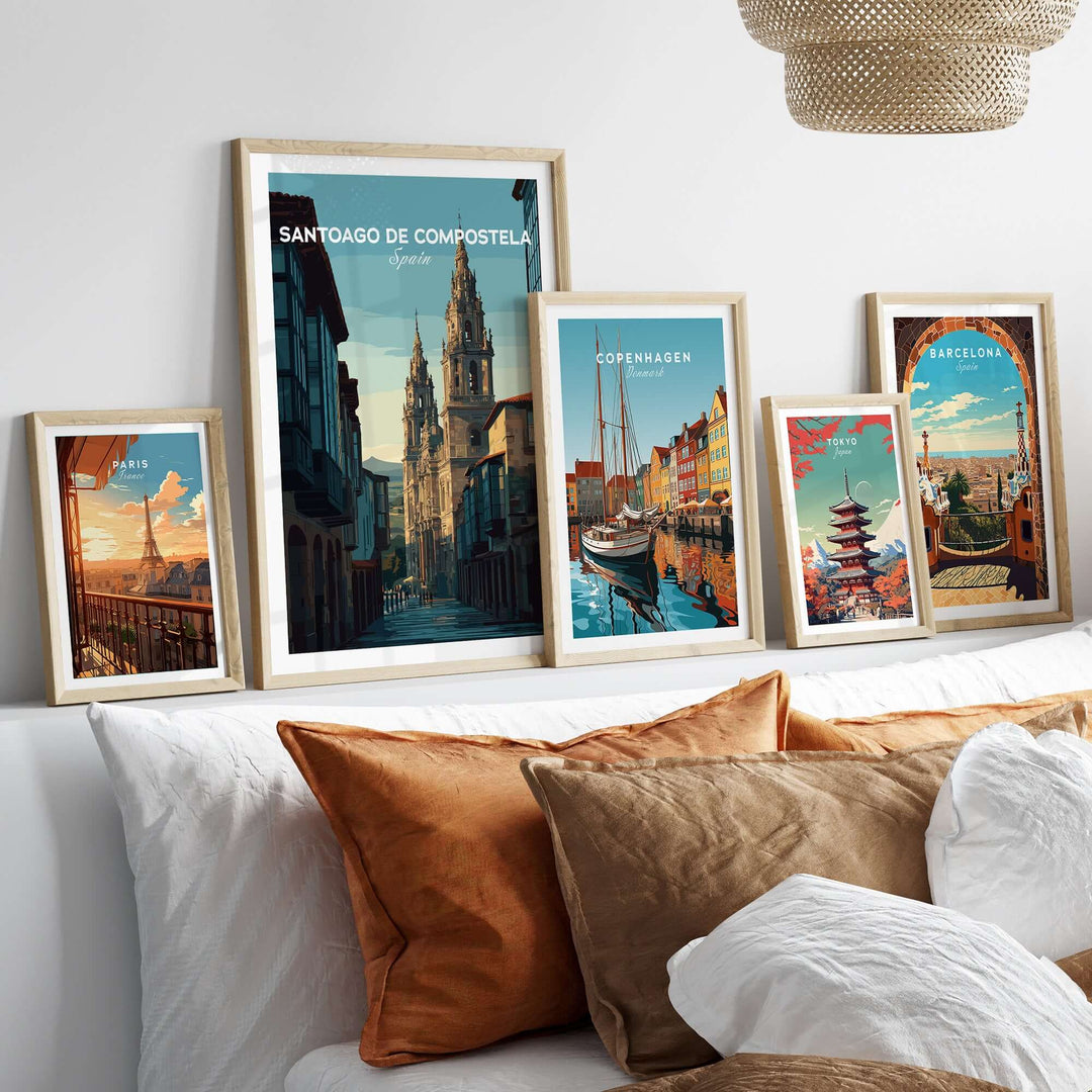 Santiago de Compostela Galician Old Town Architecture Print | Camino Wall Decor framed prints on a cozy sofa.