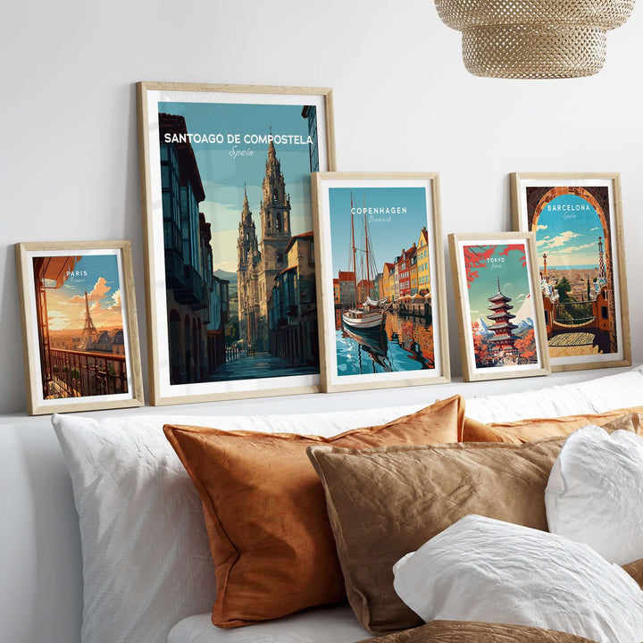 Santiago de Compostela Galician Old Town Architecture Print | Camino Wall Decor framed prints on a cozy sofa.