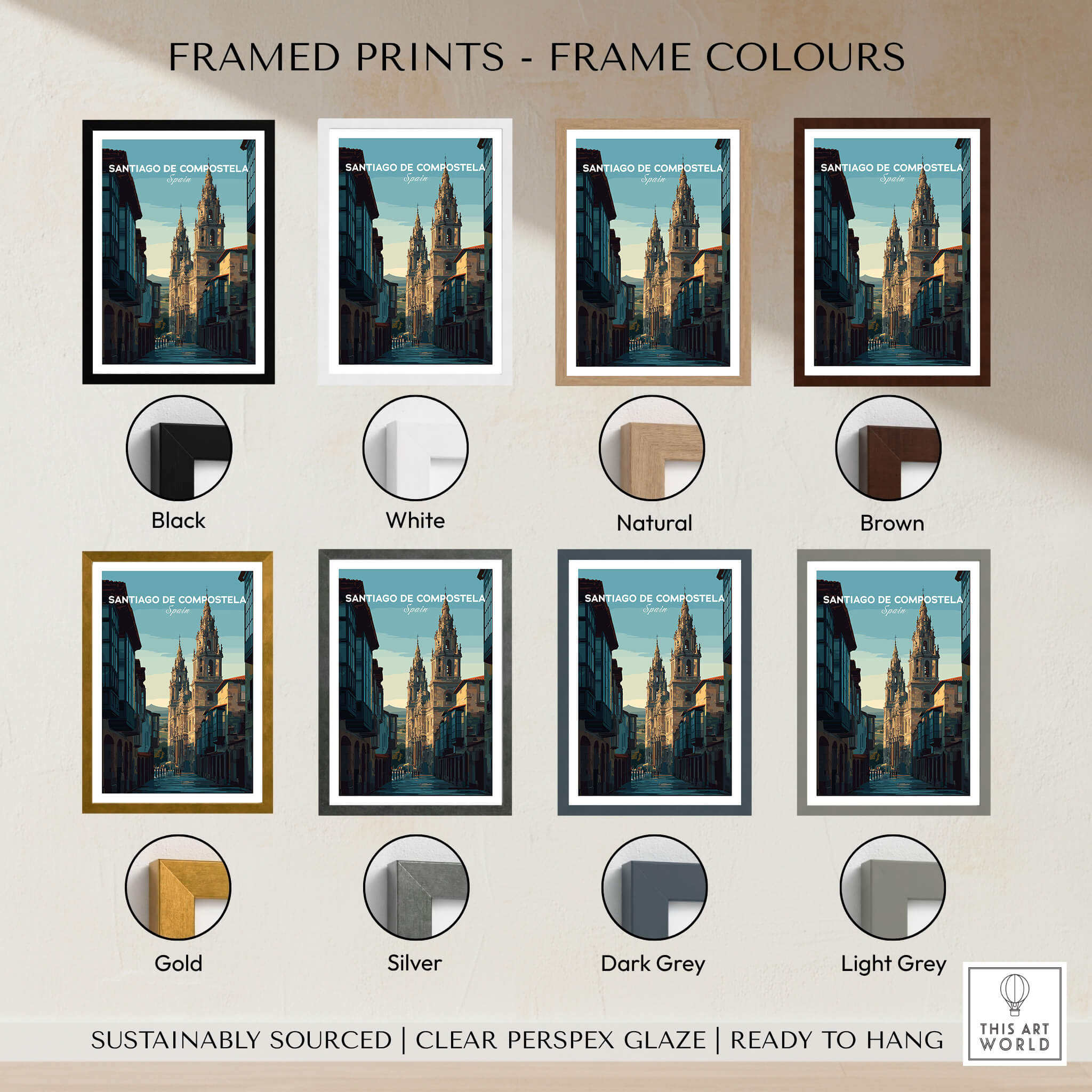 Framed prints in various colors including Black, White, Natural, Brown, Gold, Silver, Dark Grey, and Light Grey for Santiago de Compostela Galician Old Town Architecture Print | Camino Wall Decor.