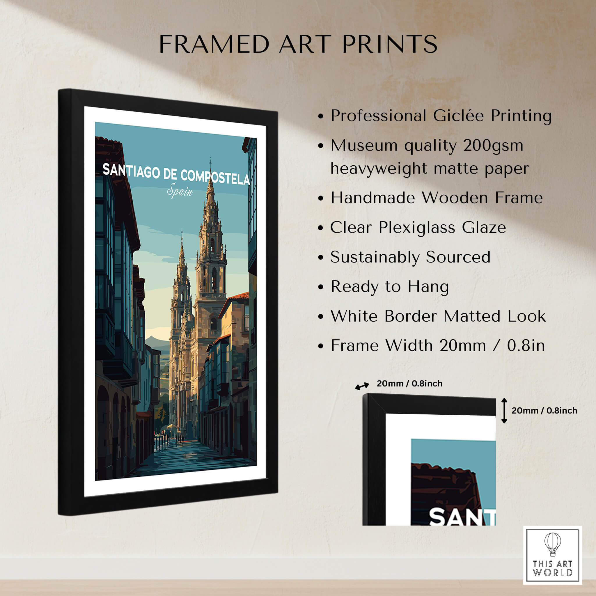Santiago de Compostela Galician Old Town Architecture Print | Camino Wall Decor framed art with clear plexiglass and matted look.