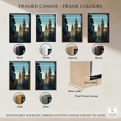 Framed canvas options for Santiago de Compostela Galician Old Town Architecture Print | Camino Wall Decor in various colors.