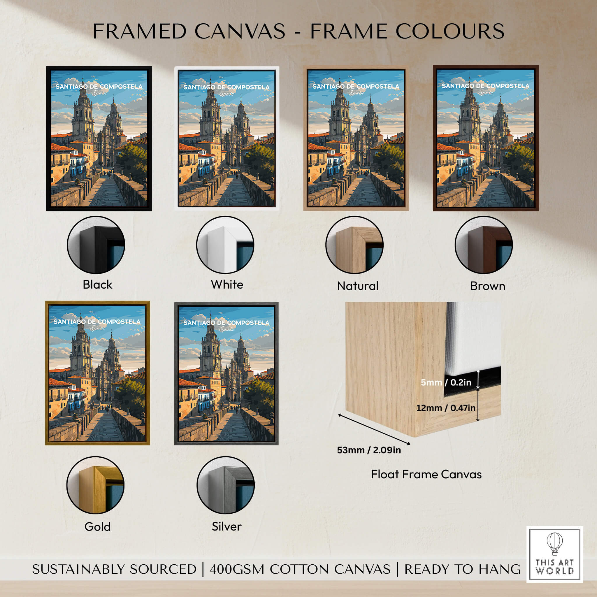 Framed canvas options for Santiago de Compostela Obradoiro Square View Print | Spanish Religious Art.
