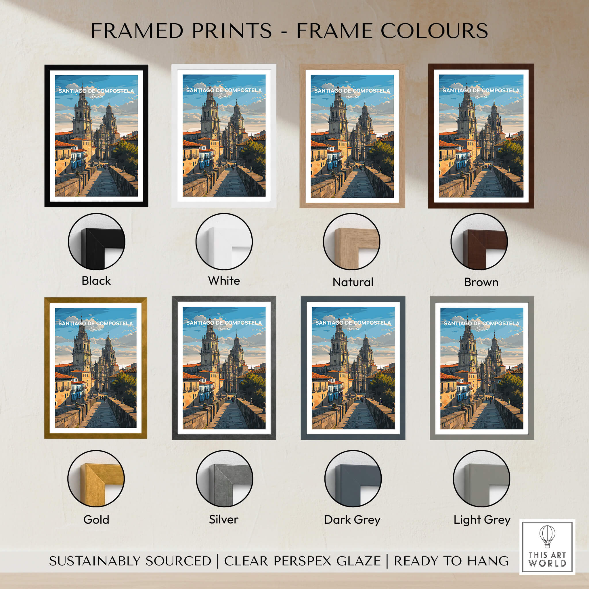 Santiago de Compostela Obradoiro Square View Print | Spanish Religious Art available in various frame colors.