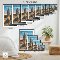 Santiago de Compostela Obradoiro Square View Print | Spanish Religious Art size guide with various frame measurements.