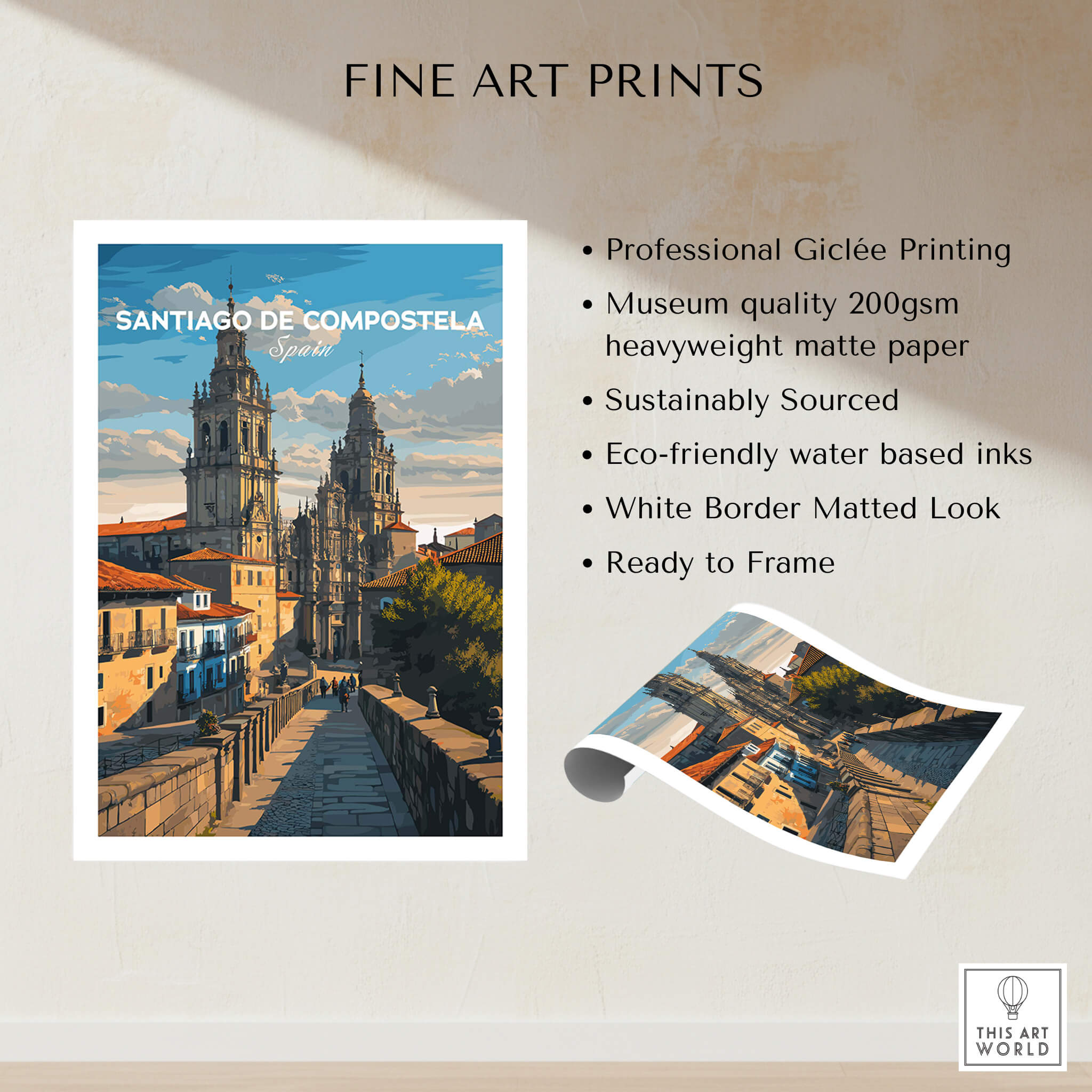 Santiago de Compostela Obradoiro Square View Print | Spanish Religious Art showcasing professional Giclée quality.