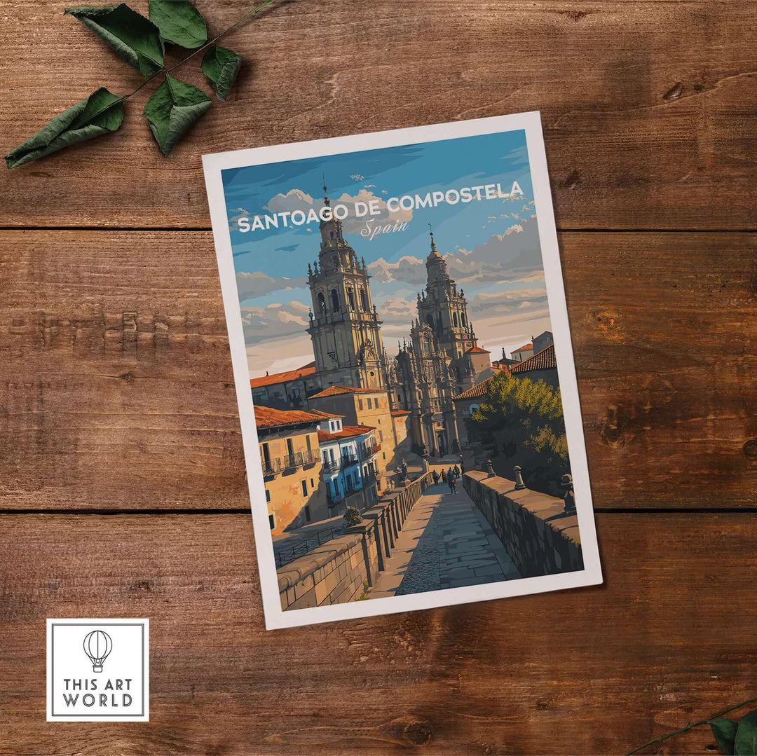 Santiago de Compostela Obradoiro Square View Print | Spanish Religious Art on wooden background.