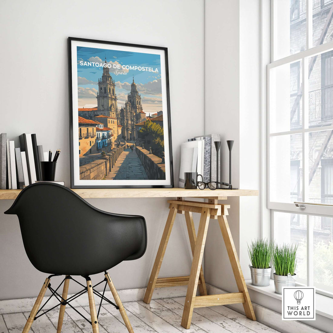 Santiago de Compostela Obradoiro Square View Print | Spanish Religious Art displayed in a modern home office setting.