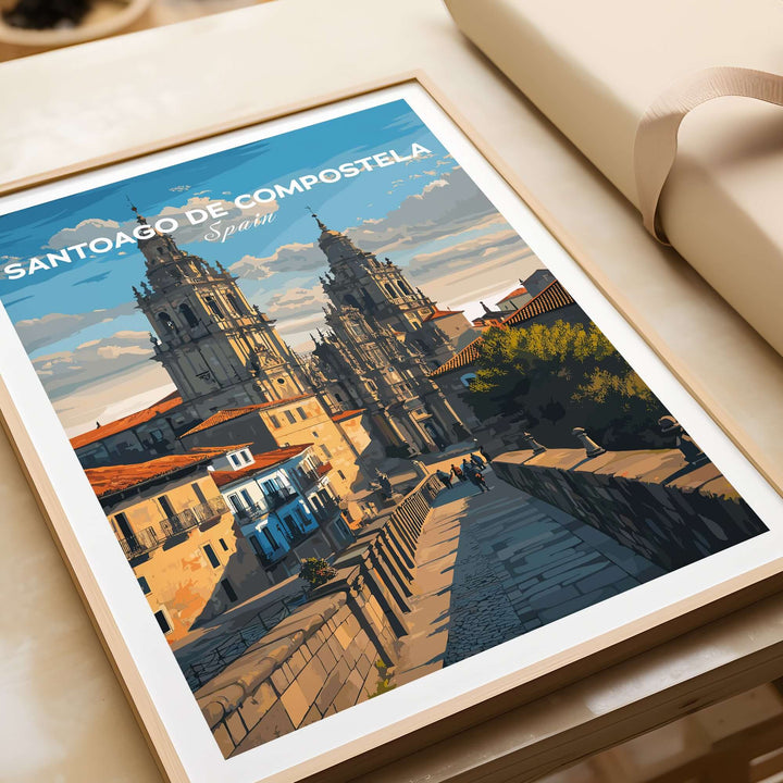 Santiago de Compostela Obradoiro Square View Print | Spanish Religious Art displayed in a stylish frame on a table.