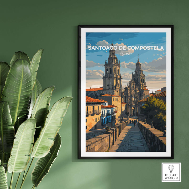 Santiago de Compostela Obradoiro Square View Print | Spanish Religious Art framed on a green wall with decorative plants.