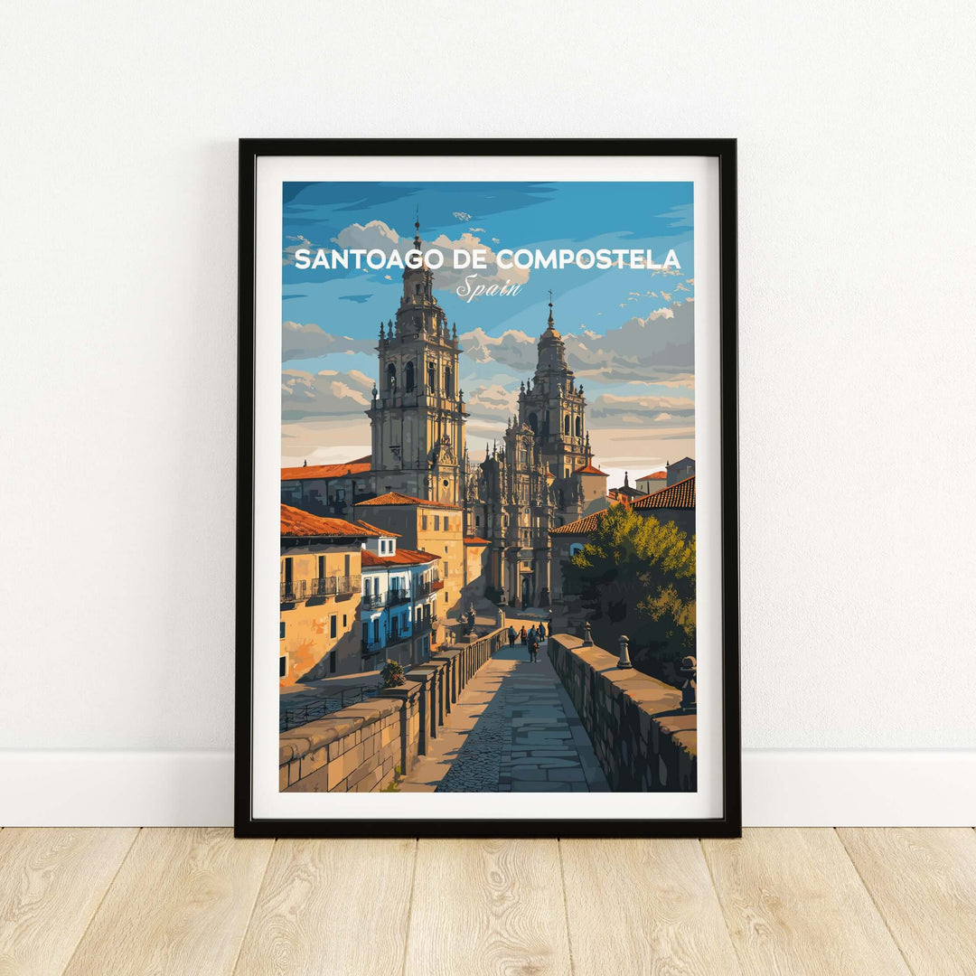Santiago de Compostela Obradoiro Square View Print | Spanish Religious Art displayed in a stylish frame.