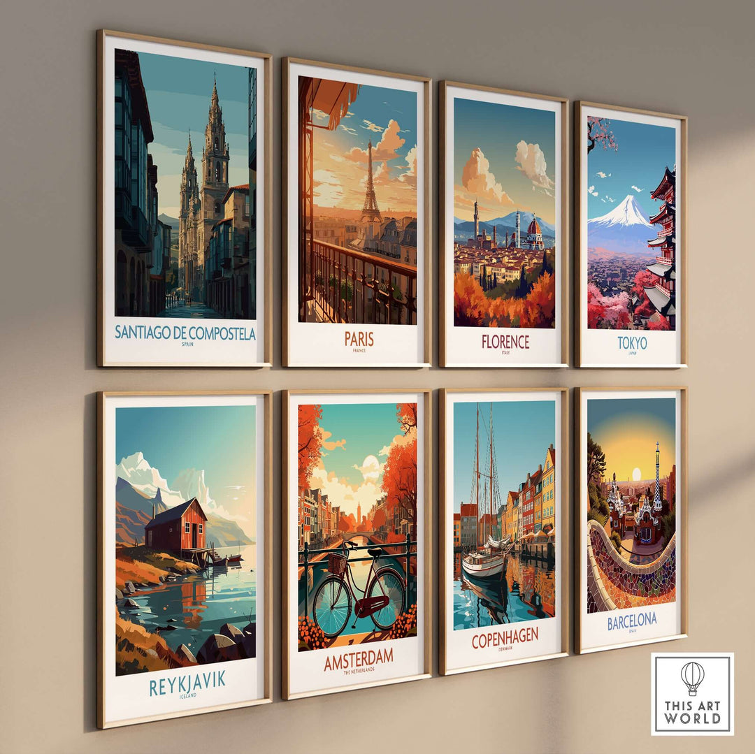 Santiago de Compostela Spain Cathedral Street View Art Print | Pilgrim City Poster displayed among other city art prints.