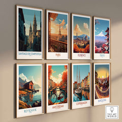 Santiago de Compostela Spain Cathedral Street View Art Print | Pilgrim City Poster showcased in a wall art display.