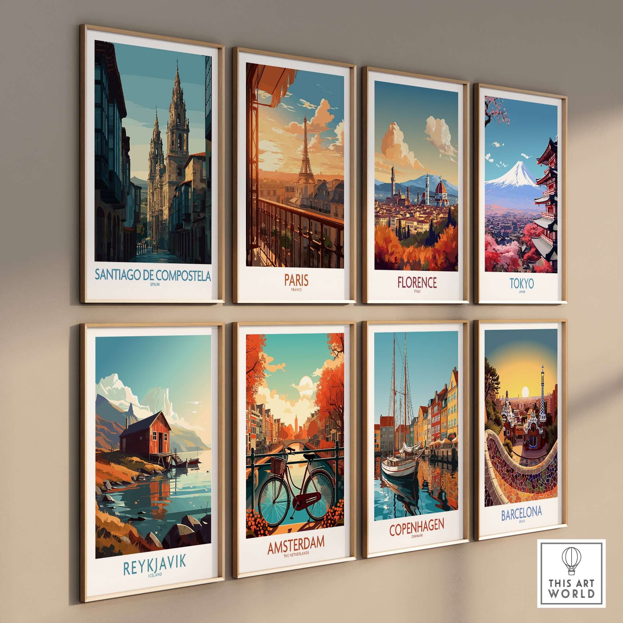 Santiago de Compostela Spain Cathedral Street View Art Print | Pilgrim City Poster showcased in a wall art display.