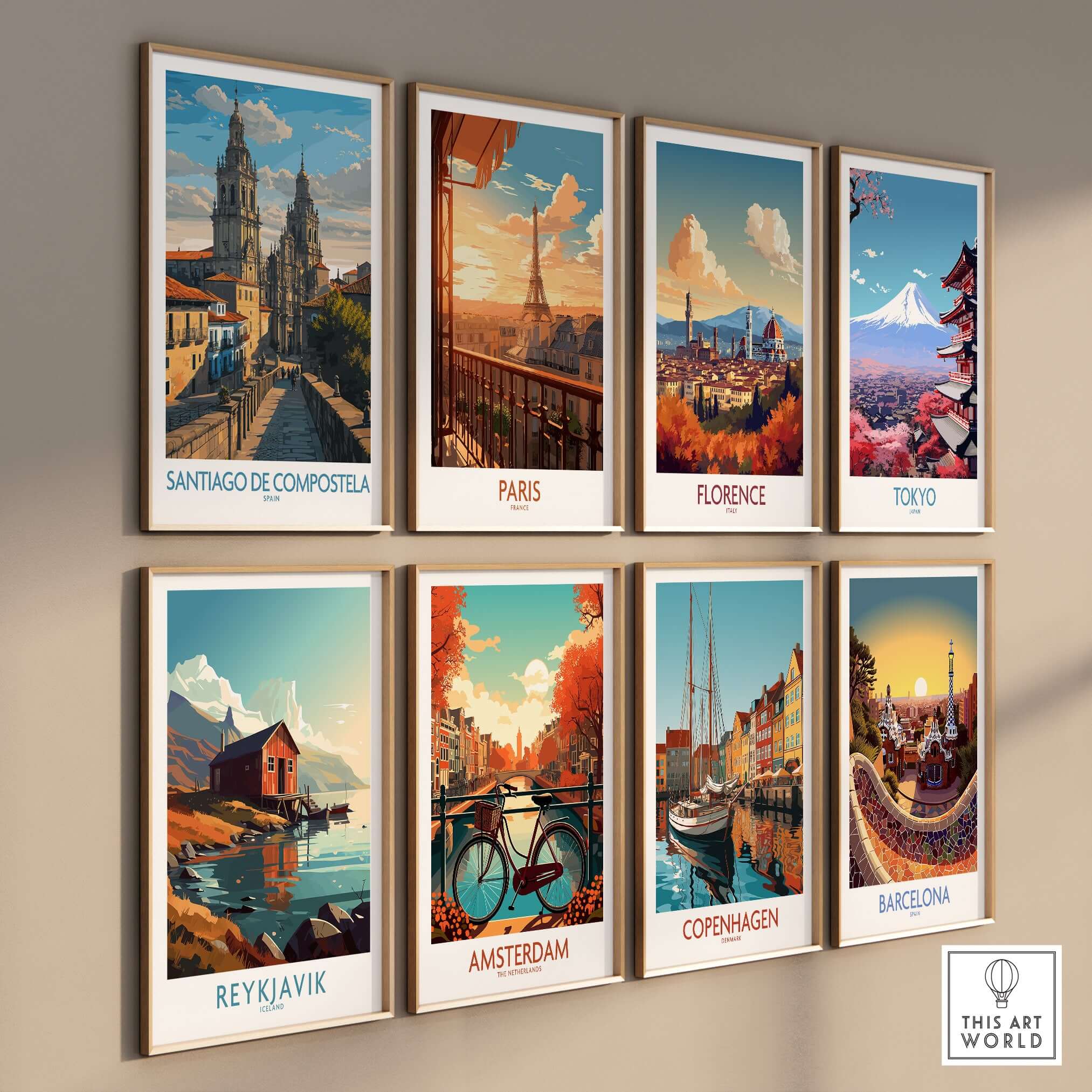 Santiago de Compostela Pilgrimage End Art Print | Cathedral Facade Poster collage on a wall featuring iconic cityscapes.