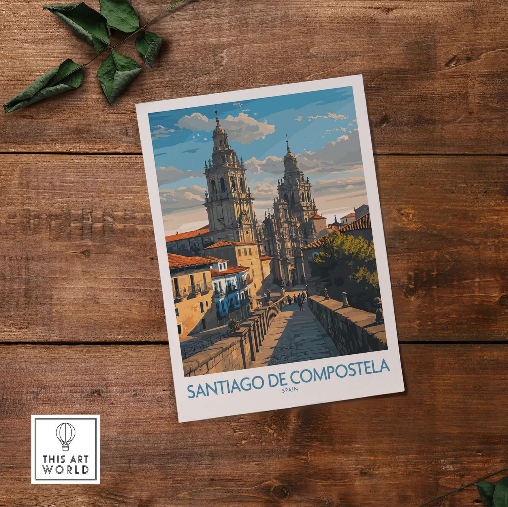 Santiago de Compostela Pilgrimage End Art Print | Cathedral Facade Poster showcased on wooden background.