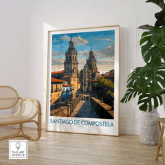 Santiago de Compostela Pilgrimage End Art Print | Cathedral Facade Poster displayed in a cozy room setting.