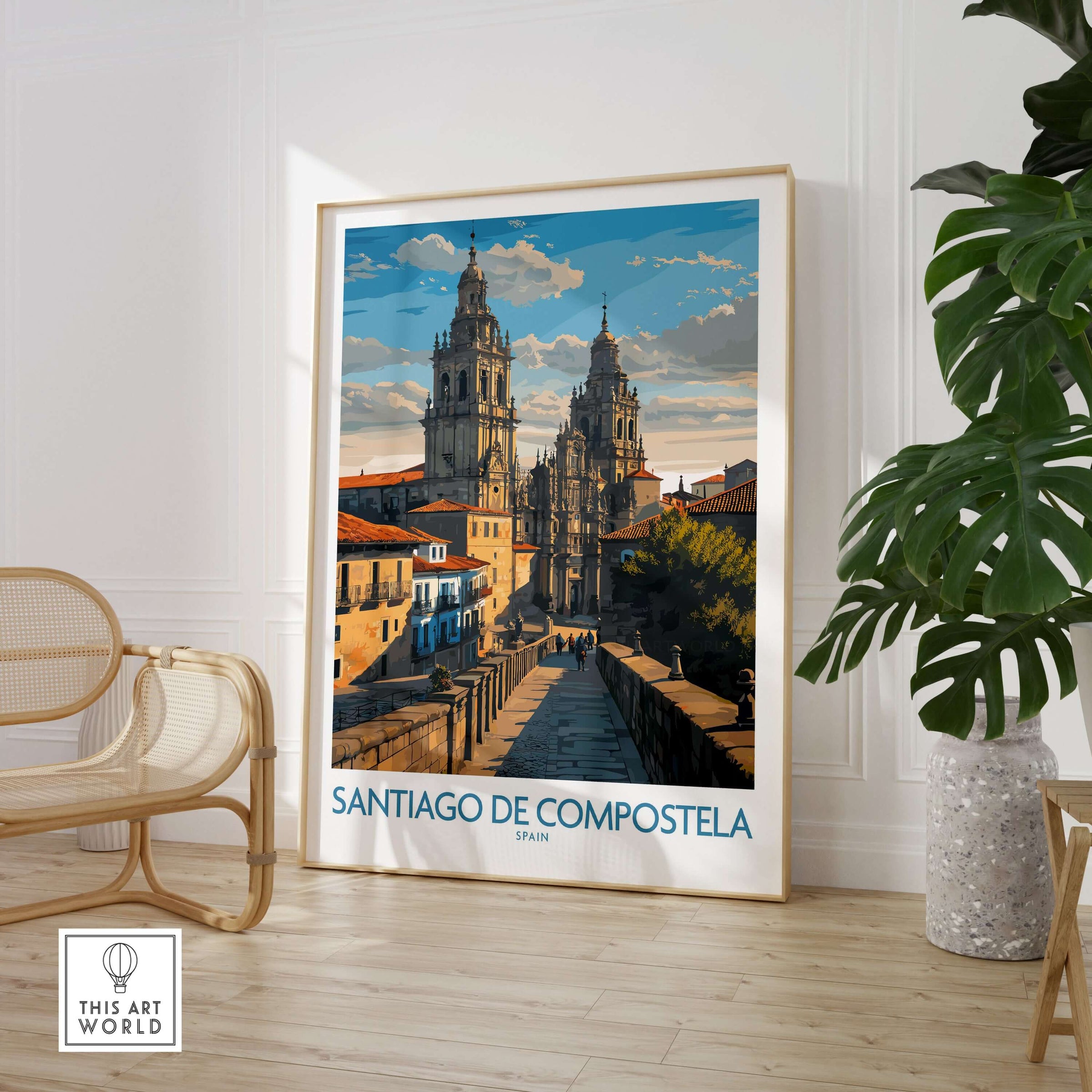 Santiago de Compostela Pilgrimage End Art Print | Cathedral Facade Poster displayed in a cozy room setting.